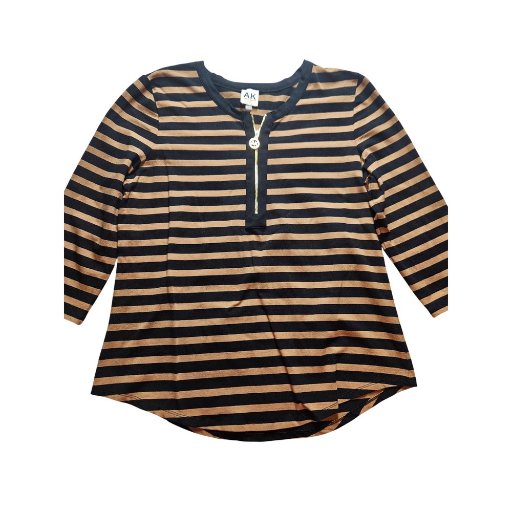 Anne Klein Sport Black Brown Striped Quarter Zip Top 3/4 Sleeve Large